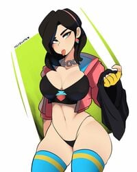 1girls 2d artist_name big_breasts black_hair blue_eyes breasts cleavage crop_top female female_only fortnite human human_only humanoid large_breasts light-skinned_female light_skin not_furry pale-skinned_female pale_skin panties partially_clothed postblue98 rox_(fortnite) simple_background solo tagme thick_thighs thighhighs tongue_out watermark