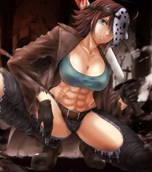 1girls abs ahoge aqua_eyes bangs belt belt_buckle bishoujo_jason bishoujo_jason_voorhees bishoujo_terror black_gloves blood blood_splatter bloody_clothes bloody_weapon blue_eyes boots breasts brown_belt brown_footwear brown_hair brown_jacket buckle cleavage closed_mouth clothing_cutout collarbone commentary_request crop_top cropped_shirt denim eyebrows_visible_through_hair female female_focus female_only friday_the_13th full_body genderswap_(mtf) gloves green_shirt highres hockey_mask huge_breasts jacket jason_voorhees jeans jessica_voorhees kotobukiya_bishoujo large_breasts leather leather_jacket looking_at_viewer machete mask mask_on_head midriff navel one_eye_covered open_clothes open_jacket over_shoulder pants parted_lips photoshop_(medium) rule_63 scar shirt short_hair sidelocks solo squatting thigh_cutout tomboy torn_clothes torn_jeans torn_pants watarui weapon weapon_over_shoulder