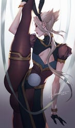 bracelets bunny_ears bunny_tail bunnysuit camille_ferros citemer eyebrows_visible_through_hair eyes eyes_visible_through_hair female gloves holding_own_leg league_of_legends leggings light-skinned_female light_skin lipstick ponytail splits vertical_splits white_background white_hair