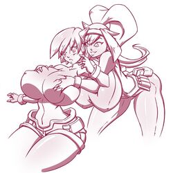 2girls aile ashe_(megaman_zx) big_breasts black_and_white breast_grab breast_squeeze huge_breasts mega_man mega_man_zx monochrome n647 nipples_visible_through_clothing thick_thighs voluptuous wide_hips yuri