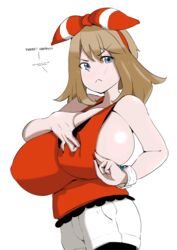 47k adjusting_clothes bandana bare_shoulders blue_eyes blush breast_hold breasts brown_hair colorized english_text female game_freak highres huge_breasts looking_at_viewer may_(pokemon) may_(pokemon_oras) mega_ring nintendo no_bra pokemon pokemon_oras red_shirt shirt shorts sideboob sleeveless sleeveless_shirt solo talking_to_self talking_to_viewer text white_background white_shorts