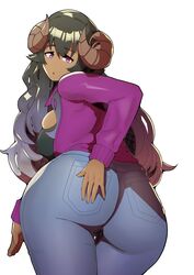 1girls ass big_ass breasts doublehero female horns huge_ass humanoid jeans long_hair looking_at_viewer looking_back original pants thick_ass thick_thighs thighs tight_clothing tight_jeans white_background