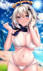 1girls aged_up alternate_breast_size beach big_breasts bikini blue_eyes blush colycycle female genshin_impact large_breasts long_hair medium_hair paimon_(genshin_impact) silver_hair solo standing thighs white_hair