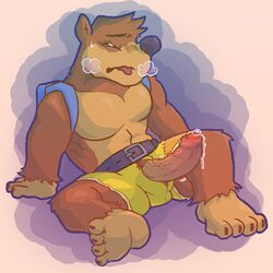 1boy 4_toes anthro arm_support backpack bag banjo-kazooie banjo_(banjo-kazooie) belt blush bodily_fluids bottomwear breath brown_body brown_fur closed_eyes clothed clothing dripping fanofthefurr foreskin fur genital_fluids genitals humanoid_genitalia humanoid_penis male male_only mammal pecs penis penis_through_fly poking_out precum precum_drip pubes rareware shorts solo sweat sweatdrop toes tongue tongue_out topless uncut ursid video_games yellow_bottomwear yellow_clothing