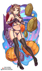 breasts brown_eyes brown_hair cleavage devil_horns devil_tail female female_focus female_only garter_belt garter_straps halloween halloween_costume high_heels jack-o-lanterns lingerie my_hero_academia ochako_uraraka pumpkin redjet thighhighs thighs wings