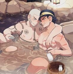 2boys gay golden_kamuy male male_only onnomono onsen saichi_sugimoto sake sake_bottle shiraishi_yoshitake tattoo