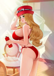 1girls alternate_version_available ass big_breasts bikini brown_hair dat_ass glasses green_eyes hat human jpeg large_breasts long_hair nintendo pokemon pokemon_xy red_bikini red_swimsuit serena_(pokemon) serena_(pokemon_games) sideboob solo standing sumisumii swimsuit thighs