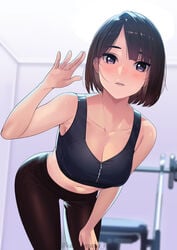 1girls absurdres bangs bare_shoulders black_pants black_sports_bra blush bob_cut breasts brown_hair cleavage clothed clothed_female collarbone female female_focus female_only highres kagematsuri leaning_forward looking_at_viewer medium_breasts original pants purple_eyes short_hair solo solo_female sports_bra sweat thighs tight_pants twitter_username watermark yoga_pants young