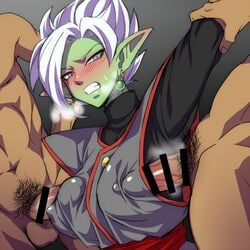 1girls 2boys arm_grab arm_up bar_censor blush breasts censored clenched_teeth clothed_female_nude_male core_person covered_nipples dark-skinned_male dark_skin dragon_ball dragon_ball_super earrings erection female female_zamasu genderswap genderswap_(mtf) goddess green_eyes green_skin humanoid jewelry large_breasts male_pubic_hair multiple_boys nude penis penis_rubbing_breast penis_to_breast penis_under_clothes pointy_ears potara_earrings pubic_hair rule_63 sideboob_paizuri solo_focus spiky_hair steaming_body straight super_saiyan super_saiyan_rose sweatdrop teba_makoto teeth white_hair zamasu