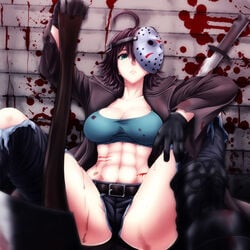 1girls :< abs ahoge aqua_eyes belt bishoujo_jason bishoujo_jason_voorhees bishoujo_terror black_footwear black_gloves black_hair blood blood_splatter bloody_clothes bloody_weapon boots borrowed_design breasts cleavage closed_mouth collarbone crop_top female female_focus female_only friday_the_13th from_below genderswap_(mtf) gloves highres hockey_mask huge_ahoge huge_breasts jacket jason_voorhees jessica_voorhees kotobukiya_bishoujo looking_at_viewer midriff one_eye_covered photoshop_(medium) rule_63 scratches shorts sitting solo tomboy torn_clothes watarui weapon