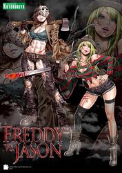 2girls a_nightmare_on_elm_street abs axe bishoujo_freddy bishoujo_freddy_krueger bishoujo_jason bishoujo_jason_voorhees bishoujo_terror blood boots breasts claw_(weapon) cleavage crossover curvy female female_focus female_only freddy_krueger freddy_vs_jason friday_the_13th genderswap_(mtf) highres jacket jason_voorhees jessica_voorhees kotobukiya_bishoujo large_breasts machete mask mask_on_head multiple_girls rule_63 shorts tomboy torn_clothes weapon yamashita_shun'ya