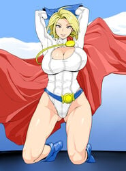 1girls arms_behind_head arms_up belt big_breasts blonde blonde_eyebrows blonde_female blonde_hair blonde_hair_female blue_boots blue_footwear blue_gloves bodysuit boob_window boots breasts cape cleavage cleavage_cutout clothing_cutout dc dc_comics eyebrows_visible_through_hair eyelashes eyelashes_visible_through_hair female gloves heroine hourglass_figure huge_breast huge_breasts karen_starr kneeling kryptonian large_breasts leotard looking_at_viewer massive_breasts power_girl short_hair smile solo superheroine superman_(series) thick_thighs thighs unou unou_(mousou_deguchi) voluptuous white_leotard