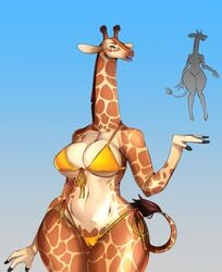 1girls 2018 anthro bikini bokcutter breasts cameltoe clothing day female giraffe giraffid long_neck mammal sky sky_background solo swimwear tall thick_thighs wide_hips