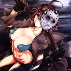 1girls abs ahoge ass axe bangs bishoujo_jason bishoujo_jason_voorhees bishoujo_terror black_gloves blue_eyes breasts brown_hair brown_jacket cleavage closed_mouth clothing_cutout collarbone commentary_request covered_nipples cowboy_shot denim female female_focus female_only friday_the_13th genderswap_(mtf) gloves green_shirt hair_between_eyes highres hockey_mask holding holding_axe holding_sword holding_weapon jacket jason_voorhees jeans jessica_voorhees kotobukiya_bishoujo large_breasts leather leather_jacket looking_at_viewer machete mask mask_on_head navel open_clothes open_jacket over_shoulder pants photoshop_(medium) rule_63 scar shirt short_hair solo sword thigh_cutout tomboy torn_clothes torn_jacket torn_jeans torn_pants torn_shirt watarui weapon weapon_over_shoulder