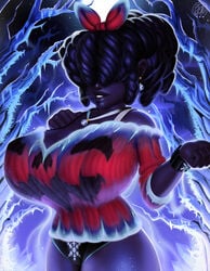 1girls african african_female alice black_hair breasts clothing covered_eyes dark-skinned_female dark_skin female female_focus female_only hair_over_eyes halloween huge_breasts human ice moon necklace neozoa night nz_naughty panties smile solo sweater teeth trees wrist_band