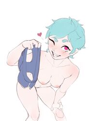 blue_hair blush blushing bottomless female female_only frederic holding_shorts leaning leaning_forward medium_breasts nude nude_female pink_eyes pudgeruffian removing_clothing removing_pants short_hair short_shorts shorts solo solo_female topless