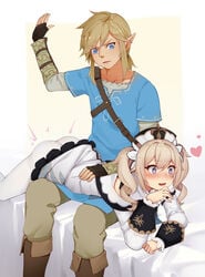 1boy 1girls ass bad_id barbara_(genshin_impact) blonde_hair blue_eyes blush breath_of_the_wild crossover dress dress_raised_for_spanking duo female femsub genshin_impact heart heart-shaped_pupils highres imminent_spanking link link_(breath_of_the_wild) lying male maledom nintendo nun on_lap on_stomach over_the_knee_spanking pantyhose smile spanked spanking straight the_legend_of_zelda twintails white_legwear