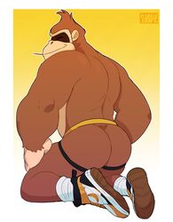 2020 absurd_res anthro ape ass banana bonicfan123 border butt_focus closed_eyes clothing donkey_kong donkey_kong_(series) flufflecraft food footwear fruit gradient_background haplorhine hi_res jockstrap kneeling looking_back male male_only mammal muscular muscular_anthro muscular_male nintendo plant primate rear_view shoes simple_background smile socks solo underwear video_games white_border yellow_background