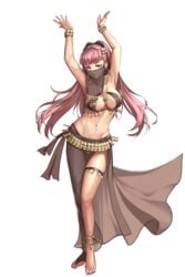 1girls absurdres alternate_costume amiba_(nerdamiba) anklet armpits arms_up barefoot belly belly_chain belly_dancer belly_dancer_outfit bocas_top breasts cleavage dancer dancer_outfit dancing earrings female female_only femsub fire_emblem fire_emblem:_three_houses harem_girl harem_outfit highres hilda_valentine_goneril jewelry large_breasts long_hair midriff navel nintendo pink_eyes pink_hair sarong side_slit solo submissive_female thong toeless_legwear transparent_background veil