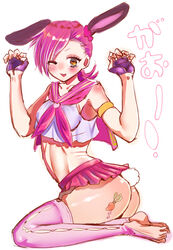 1boy animal_ears ass blush bunny_ears bunny_tail crossdressing femboy feminization freckles girly jojo's_bizarre_adventure long_hair male male_only pink_hair simple_background solo tattoo vento_aureo vinegar_doppio white_background