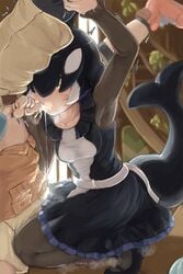 1boy anthro arm_up bangs belt between_legs black_hair breast_pocket brown_eyes captain_(kemono_friends) cargo_shorts collarbone commentary_request cowgirl_position cum cum_in_mouth day dolphin_tail dorsal_fin dress fellatio female female_rapist femdom forced frilled_dress frills grabbing hair_over_one_eye highres indoors kemono_friends kemono_friends_3 long_sleeves looking_at_another male_pubic_hair male_rape_victim malesub mary_janes medium_hair multicolored_hair okyao oral orca_(kemono_friends) overflow parted_bangs penis penis_grab pocket pubic_hair purple_hair rape reverse_rape shirt shoes short_dress short_sleeves shorts sitting sitting_on_face sitting_on_person smell solo_focus squatting stomach straight sweat tagme tail testicle_grab testicles trembling twisted_torso upside-down white_hair window