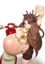 akeggle arms_above_head brown_hair crop_top fate_(series) hazel_eyes huge_belly ishtar_(fate) large_breasts motorcycle pregnant ready_to_pop shorts smile tagme veiny_belly