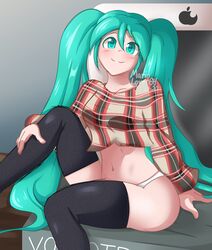 big_breasts blue_eyes blue_hair blush breasts flanel_shirt hatsune_miku mariolover6464 stockings thick thick_ass thick_thighs thighhighs thighs vocaloid