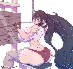 1girls alternate_body_type alternate_breast_size amazon big_ass big_breasts black_hair breasts_bigger_than_head clothing color exercising green_eyes gym hair_over_one_eye huge_ass huge_breasts kuroki_tomoko long_hair looking_at_viewer muscular muscular_female n647 one_eye_covered thick_thighs thigh_highs thighhighs voluptuous watashi_ga_motenai_no_wa_dou_kangaetemo_omaera_ga_warui! weightlifting wide_hips