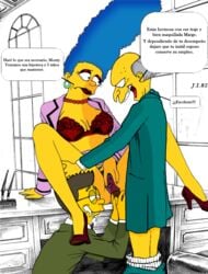 1girls 2boys assisted_sex big_hair blue_hair brown_hair dark_penis desk drooling erection exposed_pussy eyeshadow glasses grey_hair high_heels holding_penis imminent_penetration imminent_sex legs_held_open male/female marge_simpson montgomery_burns older_male pants_down partially_colored red_lipstick spanish_text spread_legs spread_pussy tagme text the_simpsons waylon_smithers yellow_skin younger_male