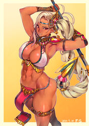 1girls abs amazon armpits belly bocas_top f.s. female fit fit_female gauntlets huge_breasts loincloth magenta_eyes muscular_female nipples_visible_through_clothing original platinum_blonde_hair shoulder_armor staff thighband voluptuous