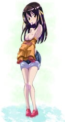 bare_shoulders breasts brown_eyes brown_hair condom condom_in_mouth denim denim_shorts hair_ribbon highres long_hair mouth_hold nipples no_bra off_shoulder pigeon-toed pigeon_toed ribbon shorts standing suzumiya_haruhi suzumiya_haruhi_(young) suzumiya_haruhi_no_yuuutsu toru_k undressing young