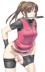 1futa 2d 2d_(artwork) artist_request balls bike_shorts black_bike_shorts black_gloves black_t-shirt blue_eyes breasts brown_hair claire_redfield foreskin futa_only futanari hand_behind_ass human intersex intersex_only knife long_hair mouth_hold no_panties outerwear penis ponytail resident_evil shorts_down simple_background solo solo_futa tagme uncut vest weapon white_background