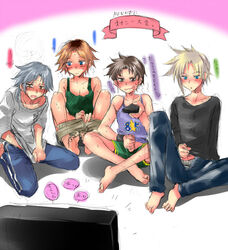 4boys barefoot bartz_klauser circle_jerk clothes cloud_strife color dissidia final_fantasy final_fantasy_five final_fantasy_ii final_fantasy_vii final_fantasy_x firion front_view group_masturbation human male male_only masturbation multiple_males penis remote_control sitting tidus watching_porn yaoi