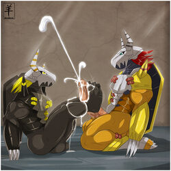 aaron_(artist) blackwargreymon cum digimon footjob furry furry_only male multiple_males no_humans wargreymon yaoi