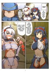 bare_midriff big_breasts blue_hair blush blushing breasts clothed clothed_female comic erect_nipples erect_nipples_under_clothes fishnet fishnet_topwear kirin_(armor) monster_hunter nargacuga_(armor) nipples smiling standing talking talking_to_another teeth underwear white_hair yamatsukami