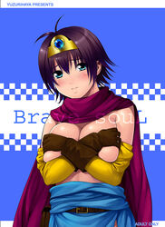 blue_eyes blush breast_hold breasts cape circlet clothing covering covering_breasts dragon_quest dragon_quest_iii gloves heroine_(dq3) large_breasts purple_hair roto short_hair topless yuzuriha_(active_homing) zangyura