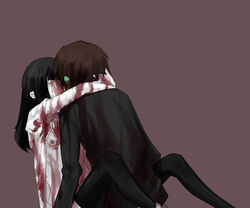 black_hair blood brown_hair covered_in_blood green_skin hetero hug long_hair monoe necrophilia open_clothes pale-skinned_female pale_skin shitai-san small_breasts straight yume_nikki