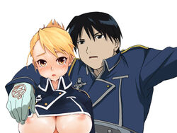 arm_over_shoulder black_hair blonde_hair blush breasts clothes color female front_view fullmetal_alchemist gloves human looking_at_viewer male nipples riza_hawkeye roy_mustang tagme tear