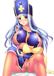 blush bodysuit breast_hold breasts brown_eyes clothing crotch_zipper dragon_quest dragon_quest_iii erect_nipples erect_nipples_under_clothes fat_mons gloves hat huge_breasts large_breasts latex latex_gloves long_hair mitre ookami_ryousuke priest priest_(dq3) sitting skin_tight tabard zipper