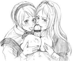 2girls axis_powers_hetalia belarus_(hetalia) breasts double_paizuri licking_penis monochrome natalia_alfroskaya nipples oral penis pointless_censoring sisters tagme threesome ukraine_(hetalia)