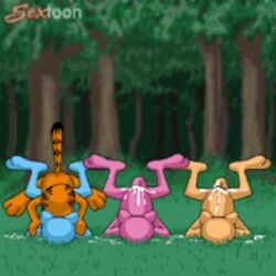 ambiguous_gender animated cum cum_inside feral forest garfield_(series) garfield_the_cat gif group group_sex male outdoors penetration pixel_art sextoon