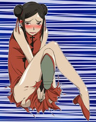 china_dress chinadress chinese_clothes darker_than_black double_bun eisbahnx legs misaki_kirihara red red_shoes shoes thighs torn_clothes wardrobe_malfunction