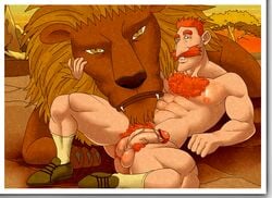 abs balls biceps body_hair chest_hair claws duo facial_hair feline feral footwear hair hairy human humanoid_penis lion looking_at_viewer male mammal mane moustache muscular nigel_thornberry nipples nude orange_hair pecs penis pubes pubic_hair shoes topless tree wild_thornberrys yaoi zombiehk