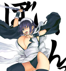 blue_eyes blush breasts cleavage hairband huge_breasts iroha maid nipple_slip nipples samurai_shodown short_hair snk tear thighhighs zangyura