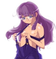 1girls android arale_norimaki bare_shoulders blue_eyes breasts dr._slump female flat_chest glasses long_hair naked_overalls nipples overalls purple_hair smile strap_slip suspenders yamazaki_kazu