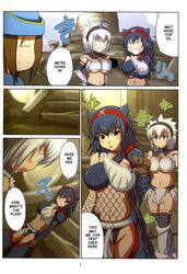 bare_midriff belly blue_hair clothed comic dialogue english_text female female_focus female_only fishnet fishnet_topwear kirin_(armor) monster_hunter nargacuga_(armor) outdoors standing talking talking_to_another text underwear visible_underwear white_hair yamatsukami