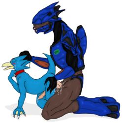 2boys anthro armor collar crossover gay golduck halo_(game) halo_(series) male male_anthro male_only male_sangheili_(halo) methados pokemon questionable_consent sangheili