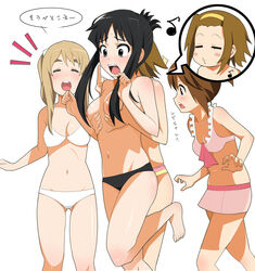 4girls :o barefoot bikini breast_grab breasts cleavage closed_eyes eyebrows feet female hairband highres human human_only k-on! mio_akiyama_(k-on!) multiple_girls musical_note navel nipples o3o pinky_out profile ritsu_tainaka_(k-on!) surprised surprised_arms swimsuit toes topless tsumugi_kotobuki_(k-on!) ushisuke white_bikini yui_hirasawa_(k-on!) yuri