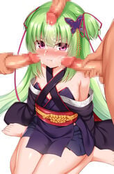 3boys angry blush breasts bukkake censored censored_penis clothed clothed_female clothed_female_nude_male cum cum_on_face dress embarrassed frustrated gangbang green_hair kneeling light-skinned_female light-skinned_male looking_at_viewer multiple_boys multiple_penises murasame_(senren) senren_banka small_breasts yuzu-soft zirba