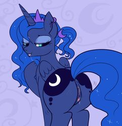 abstract_background alicorn anus ass back_turned bedroom_eyes blue_fur blue_hair blush clitoral_winking clitoris crown cutie_mark drooling equine feathers female friendship_is_magic furry hair hooves horn horse long_hair looking_at_viewer looking_back lulubell mammal my_little_pony pony presenting princess_luna_(mlp) pussy pussy_juice raised_tail saliva smile solo teal_eyes tongue tongue_out wet_pussy wiggle wings